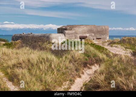 Le Danemark, le Jutland, Skagen, Grenen, point le plus au nord du Danemark, où Skagerrak et Kattegat rencontrez, WW2 bunker allemand de l'époque Banque D'Images