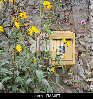 Boîte de courrier français jaune entourée de fleurs à Giverny, France Banque D'Images