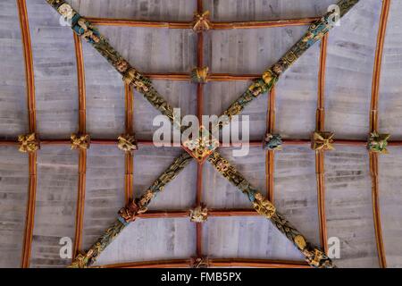 La France, Finistère, Pleyben église, sculptures en bois peint sur la lisse de décoration de la chapelle Banque D'Images