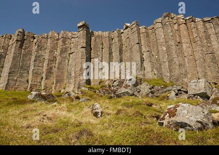 L'Islande, péninsule de Snæfellsnes, zone Gerduberg, mur de colonnes de basalte Banque D'Images