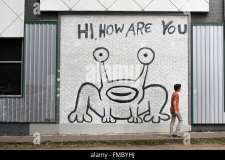 Illustration de Daniel Johnston sur un mur à Austin, Texas, USA. Banque D'Images