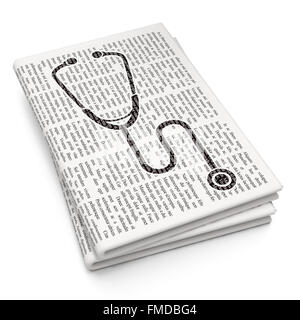 Concept de soins : icône stéthoscope noir pixélisé sur fond de journal Banque D'Images