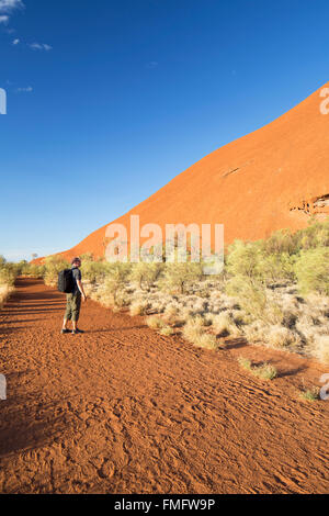 Homme randonnée à Uluru (Site du patrimoine mondial de l'UNESCO), Parc National d'Uluru-Kata Tjuta, Territoire du Nord, Australie (MR) Banque D'Images