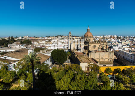 Cathédrale et sur les toits de la ville, Jerez de la Frontera, Andalousie, Espagne Banque D'Images
