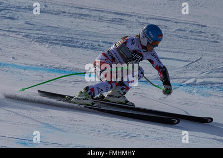 Lenzerheide (Suisse). 12 mars, 2016. Elisabeth Goergl (AUT) au cours de sa course dans le Super G Dames à la Coupe du Monde de ski AUDI FIS de Lenzerheide. Crédit : Rolf Simeon/Alamy Live News. Banque D'Images