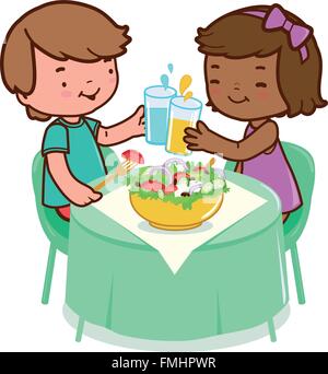 Les enfants à table mangent de la nourriture saine. Les enfants mangent dans un restaurant un bol de salade. Illustration vectorielle Illustration de Vecteur