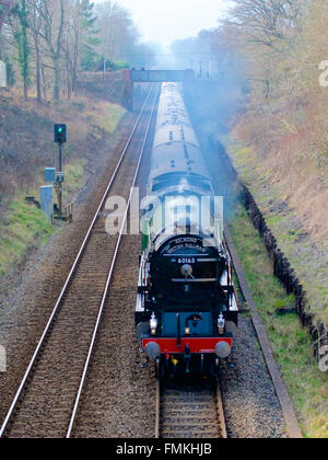 Reigate, Surrey, UK. 12 mars, 2016. L'établissement Belmond British Pullman Train à vapeur LNER UNE TORNADE1 Classe 4-6-2 no 60163 'Tornado' traverse les collines du Surrey à Reigate, Surrey. 1504hrs samedi le 12 mars 2016 sur la route de Londres Victoria. Crédit photo : Lindsay : Le gendarme / Alamy Live News Banque D'Images