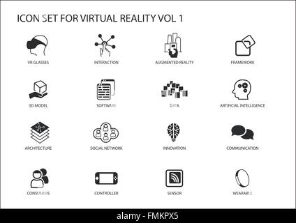 La réalité virtuelle (RV) vector icon set. Plusieurs symboles dans télévision design comme la réalité virtuelle, réalité augmentée, lunettes sensor Illustration de Vecteur
