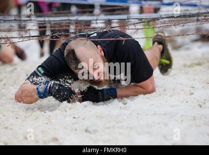 Bischofsheim, Allemagne. Mar 12, 2016. Un participant de la course extrême bataille Braveheart ramper à Bischofsheim, Allemagne, 12 mars 2016. Près de 2 700 coureurs ont à gérer un 30 km avec 45 obstacles. Le extremerun mène à travers de l'eau très froide, la boue des fosses et feu chaud d'obstacles. Il est dit être l'un des plus difficiles en Europe. PHOTO : DANIEL KARMANN/dpa/Alamy Live News Banque D'Images