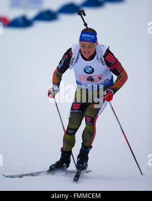 Holmenkollen, Oslo, Norvège. Mar 12, 2016. Championnats du monde de Biathlon IBU. Erik moindre de l'Allemagne participe à la compétition de relais masculin 4x7.5km pendant le championnat du monde de Biathlon IBU : Action Crédit Plus Sport/Alamy Live News Banque D'Images