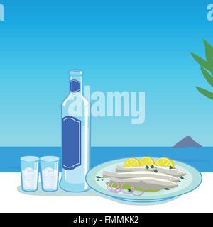 Ouzo et poisson cuit dans une table à côté de la mer. Vacances sur l'île avec de délicieux fruits de mer et des boissons. Illustration vectorielle Illustration de Vecteur