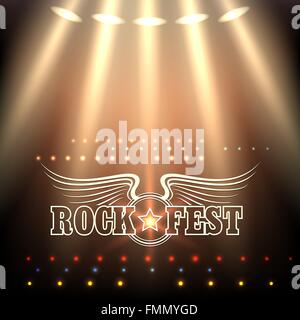 Rock Festival Modèle d'affiche. Stade de spots et libellé Rock Fest décoré par les ailes et star. Gratuitement police utilisée. Illustration de Vecteur