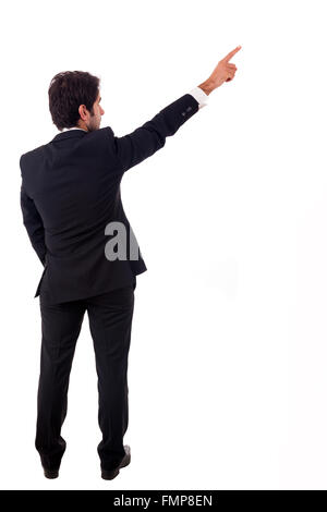 Jeune homme business man pointing over white background Banque D'Images