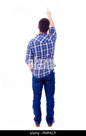 Vue arrière du jeune homme vers le haut, isolé sur fond blanc Banque D'Images