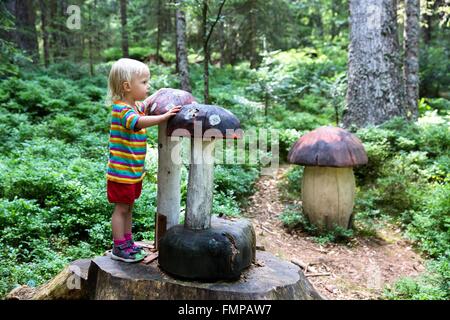 Au tout-petits champignons en bois sculpté, Forêt enchantée à Bernau, Forêt Noire, Allemagne Banque D'Images