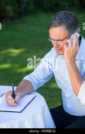 Businessman taking notes et avoir un appel téléphonique Banque D'Images