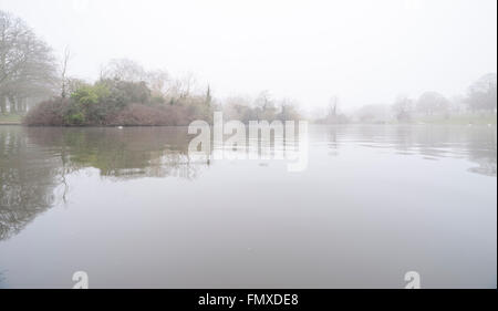 Northampton, Abington Park. Météo. Royaume-uni 13 mars 2016. Un début de dimanche matin brumeux Abington Park avec brume matinale sur le lac donnant des reflets dans l'eau calme. Credit : Keith J Smith./Alamy Live News Banque D'Images