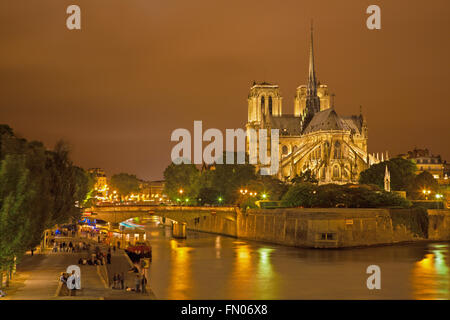 Paris - Cathédrale Notre-Dame à nuit et beaucoup de jeunes gens sur le bord de la rivière. Banque D'Images