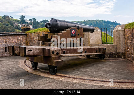 Un 64-pounder cannon repose sur son transport sur une traverse à la recherche sur la rivière Dart d'un canon tour à Dartmouth Castle Banque D'Images