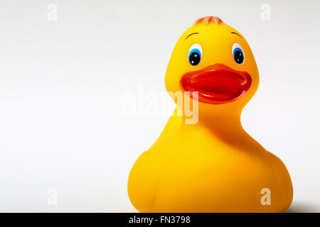 Canard en plastique jaune isolé sur fond blanc Banque D'Images