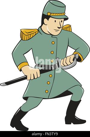 Illustration d'un soldat de l'armée confédérée durant la guerre de Sécession dégainant son épée sur fond isolé fait en style cartoon. Illustration de Vecteur
