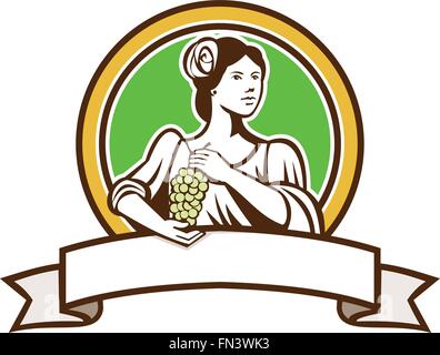 Illustration d'un vintage lady tenant une grappe de raisin à côté de définir à l'intérieur du cercle avec bandeau de ruban en premier plan fait en style rétro. Illustration de Vecteur