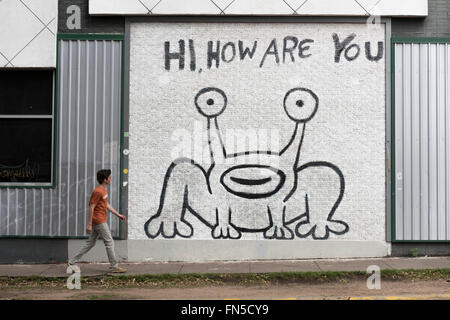 Illustration de Daniel Johnston sur un mur à Austin, Texas, USA. Banque D'Images