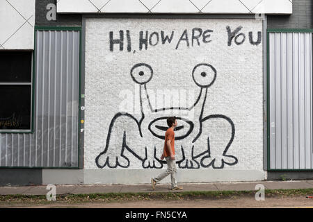 Illustration de Daniel Johnston sur un mur à Austin, Texas, USA. Banque D'Images