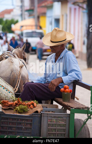 La vie quotidienne à Cuba - homme cubain avec légumes riding horse et panier le long de la rue pavée à Trinidad, Cuba en Mars Banque D'Images