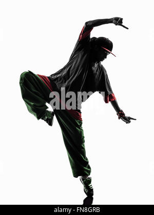 Un acrobatique hip hop breakdance break dancer silhouette jeune homme fond blanc Banque D'Images