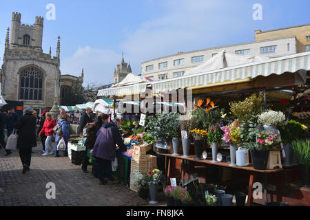 Jour de marché à Cambridge. Marché en plein air Market Hill Square. Stands vendant des fleurs et des produits frais, Cambridge, Angleterre Banque D'Images