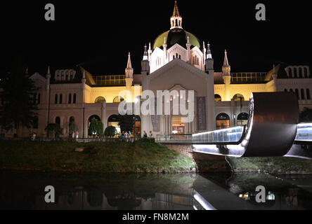 Festina lente le pont sur la rivière Miljacka mène à l'académie des beaux-arts de nuit à Sarajevo, Bosnie-et-Herzégovine. Banque D'Images