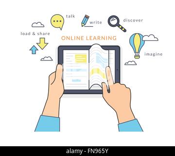 La main de l'homme est titulaire d'un tablet pc et de la lecture du livre électronique sur l'écran Illustration de Vecteur