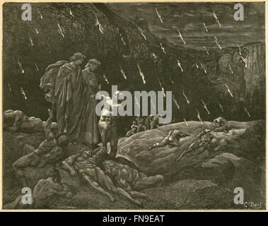 Gravure ancienne vers 1890, Dante's Inferno par Gustave Dore, Canto XV 28-29 Lignes, 'Ser Brunetto ! Et êtes-vous ici ?" SOURCE : gravure originale. Banque D'Images