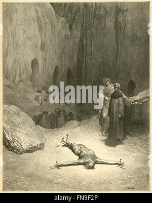 Gravure ancienne vers 1890, Dante's Inferno par Gustave Dore, Canto XXIII 117-120 lignes, 'Que percé esprit, que l'intention tu voir'st, est lui qui a donné les pharisiens d'un avocat, que c'était juste pour un seul homme à souffrir pour le peuple." Source : gravure originale. Banque D'Images