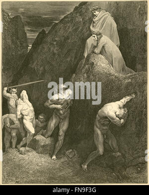 Gravure ancienne vers 1890, Dante's Inferno par Gustave Dore, Canto XXVIII 30-31 Lignes, 'maintenant marquer comment je ne m'rip : lo ! Comment est Mahomet mutilé." Source : gravure originale. Banque D'Images