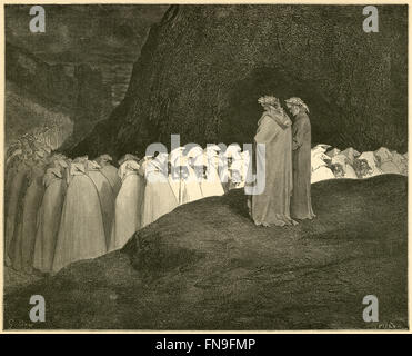 Gravure ancienne vers 1890, Dante's Inferno par Gustave Dore, Canto XXIII 92-94 Lignes, 'Tuscan, qui prennes garde à l'ordre du deuil d'hypocrites, de dédain de ne pas nous demander de qui tu l'art." SOURCE : gravure originale. Banque D'Images