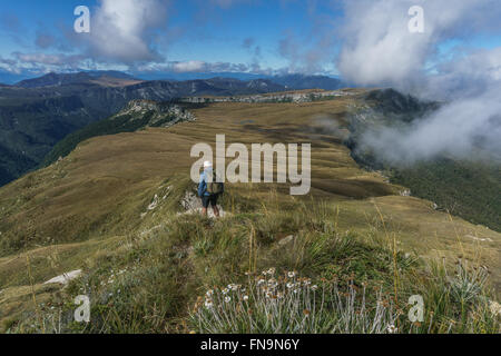 Homme randonnée sur le plateau de 100 acres, le parc national de Kahurangi, Nouvelle-Zélande Banque D'Images