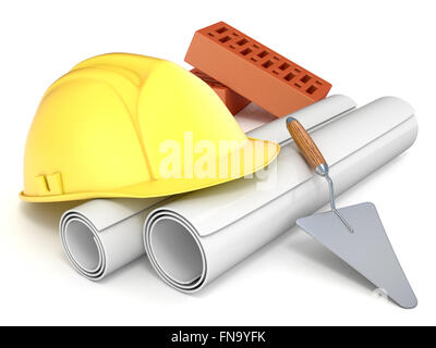 Casque dur, truelle, briques et des dessins. Concept d'ingénierie. Rendu 3D illustration isolé sur fond blanc Banque D'Images