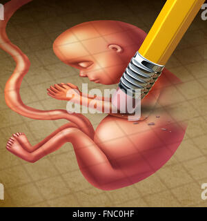 L'avortement ou fausse couche medical concept comme un fœtus dans un utérus humain enceintes d'être effacées par un crayon comme la santé génésique Banque D'Images