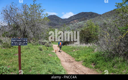 Randonneur et chien sur le sentier à Zuma Zuma Canyon Canyon Banque D'Images