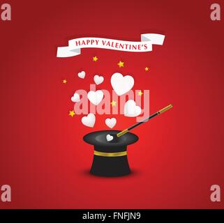 Happy Valentines carte postale avec coeurs sortant de la hat magician Illustration de Vecteur