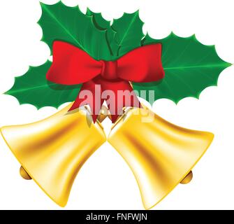 Cloches de Noël doré avec arc rouge et feuilles de houx Illustration de Vecteur