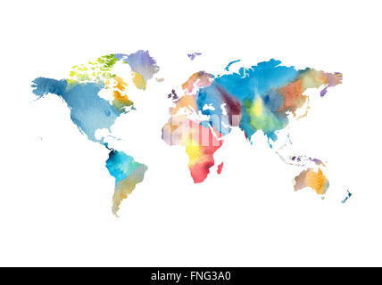 Droit de l'aquarelle sur carte du monde blanc. Banque D'Images