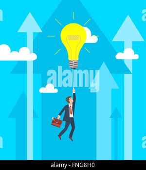 La croissance de l'entreprise et de l'innovation Concept. Businessman flying sur big ampoule. Vector illustration Illustration de Vecteur