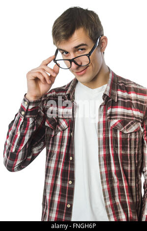 Jeune homme avec des lunettes smiling isolated on white Banque D'Images