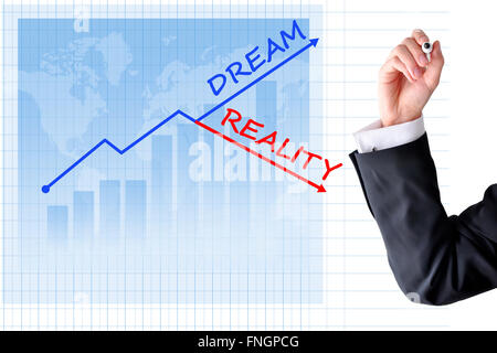 Rêve et réalité d'entreprise concept avec graphique à barres et la main de l'homme d'affaires Banque D'Images