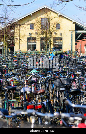 Lund, Suède - 12 mars 2016 : Personne avec sac à dos au milieu de nombreux vélos à l'aire de stationnement de vélo à l'extérieur du train st Banque D'Images