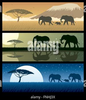 Trois paysages africains avec les éléphants. Illustration de Vecteur