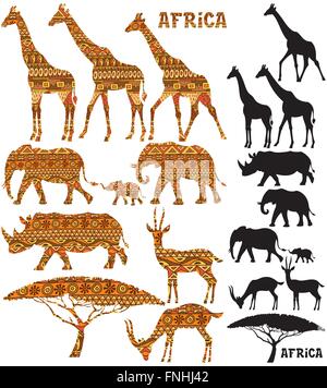 Jeu de silhouettes d'animaux africains en 2 versions : noir et motif rempli. Illustration de Vecteur